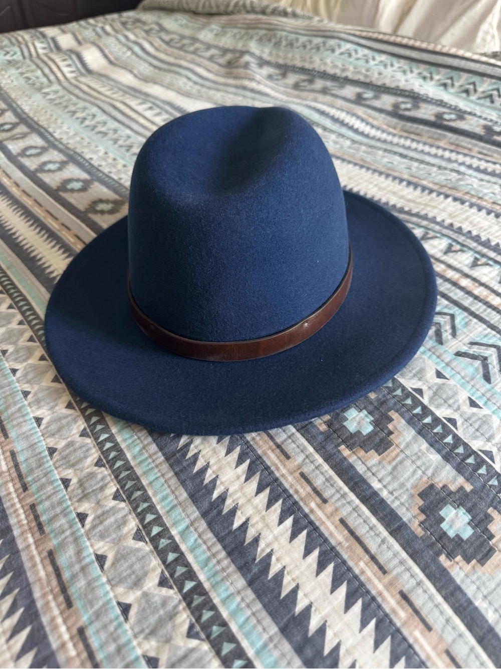 Classic Navy Wide-Brim Wool Fedora with Brown Leather Band